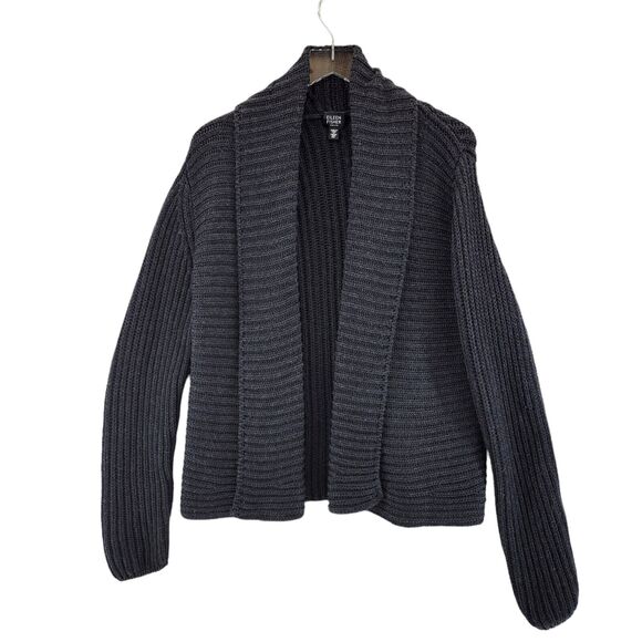 Eileen Fisher Merino Wool Open Cardigan Sweater SZ Petite Large Black Chunky - Picture 1 of 11